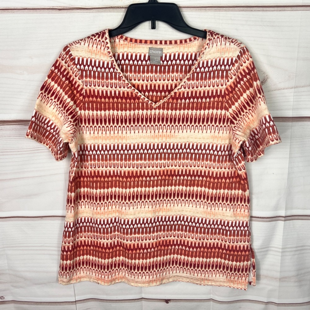 Chicos Top Womens 1 M Orange Geoemtric T-Shirt V-Neck Short Sleeve‎ Cotton Modal
